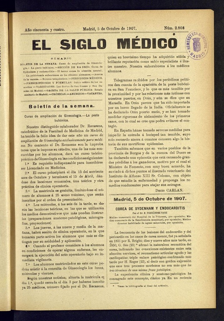 Miniatura de El Siglo Médico: boletín de medicina y gaceta médica del 5 de octubre de 1907