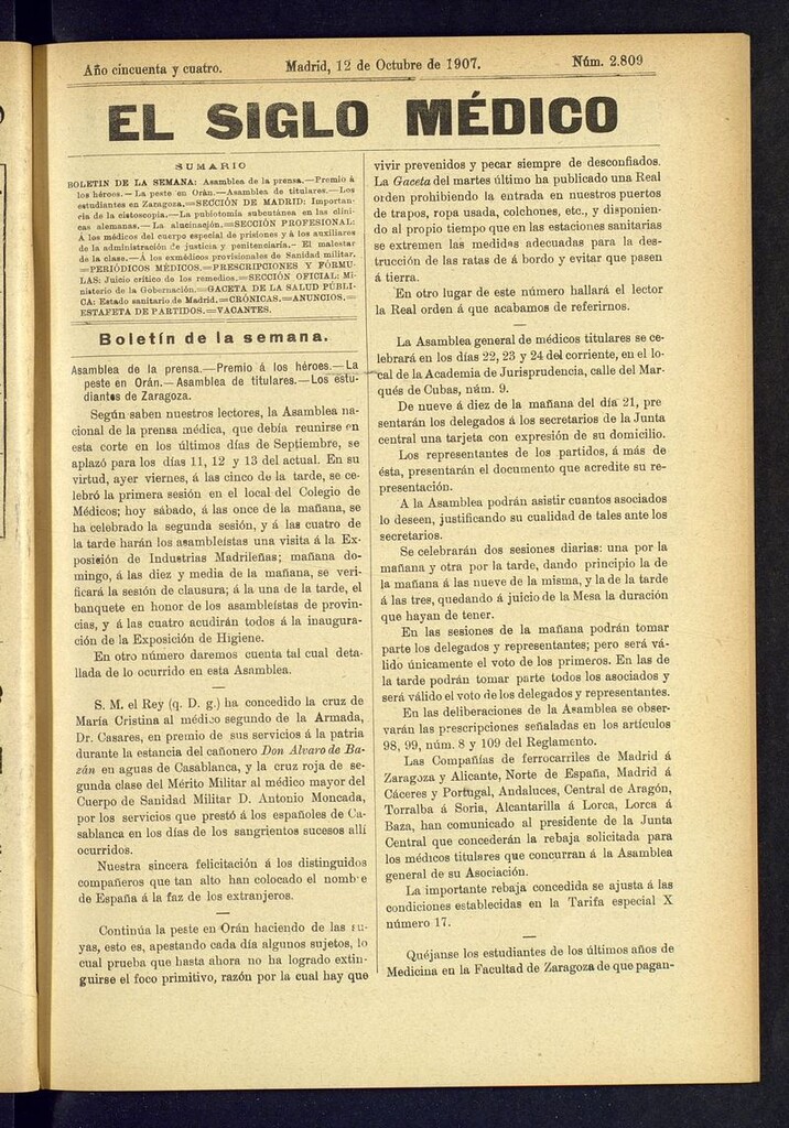 Miniatura de El Siglo Médico: boletín de medicina y gaceta médica del 12 de octubre de 1907