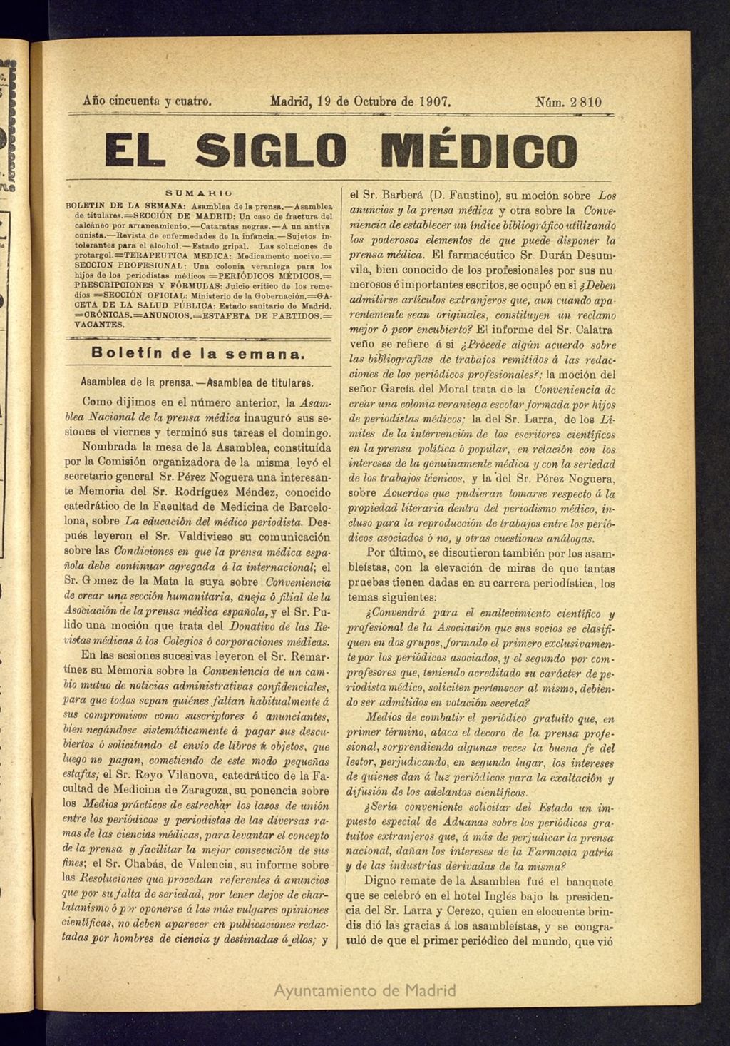 Miniatura de El Siglo Médico: boletín de medicina y gaceta médica del 19 de octubre de 1907