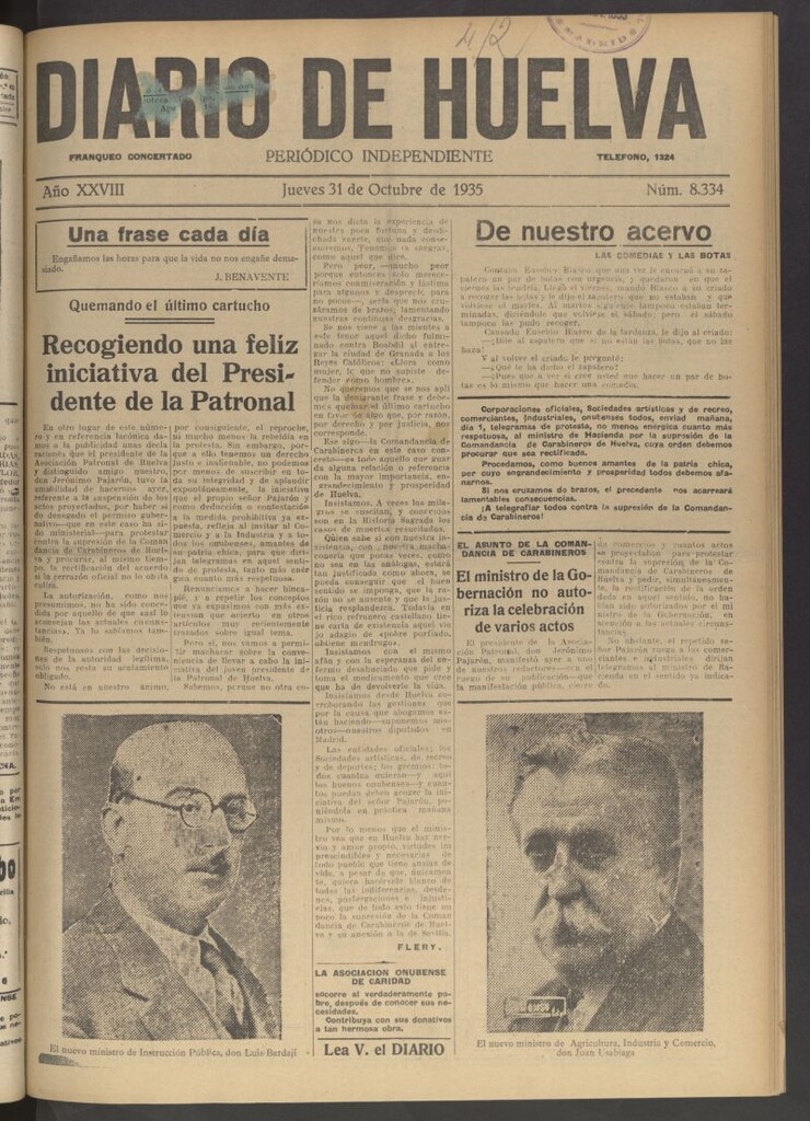 Miniatura de Diario de Huelva : periódico independiente del 31 de octubre de 1935