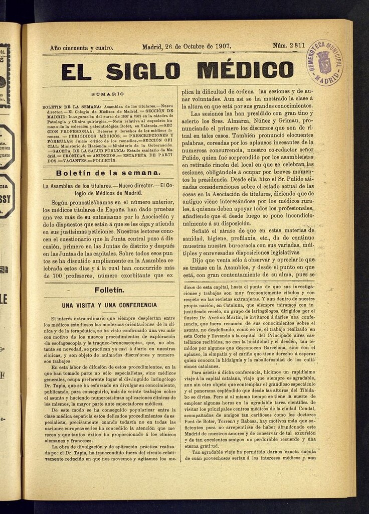 Miniatura de El Siglo Médico: boletín de medicina y gaceta médica del 26 de octubre de 1907