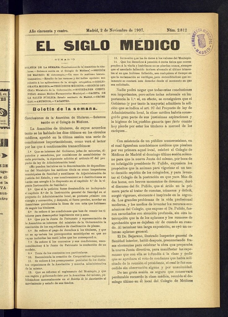 Miniatura de El Siglo Médico: boletín de medicina y gaceta médica del 2 de noviembre de 1907