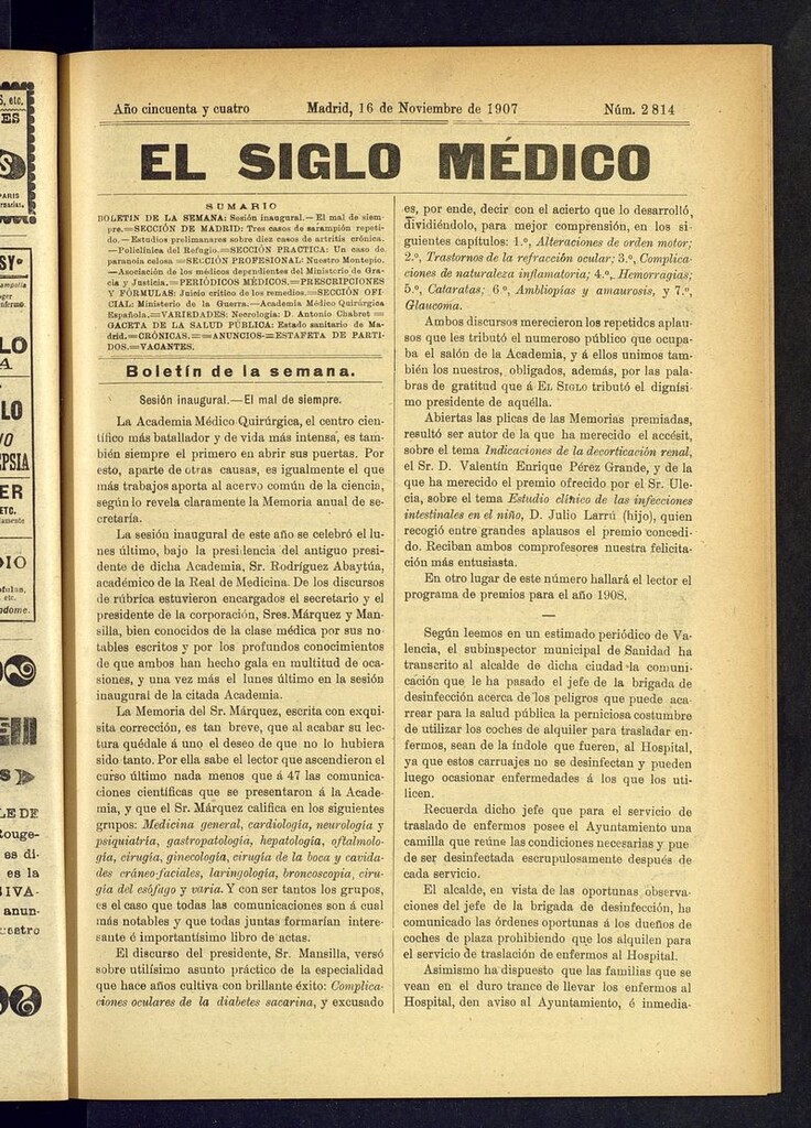 Miniatura de El Siglo Médico: boletín de medicina y gaceta médica del 16 de noviembre de 1907