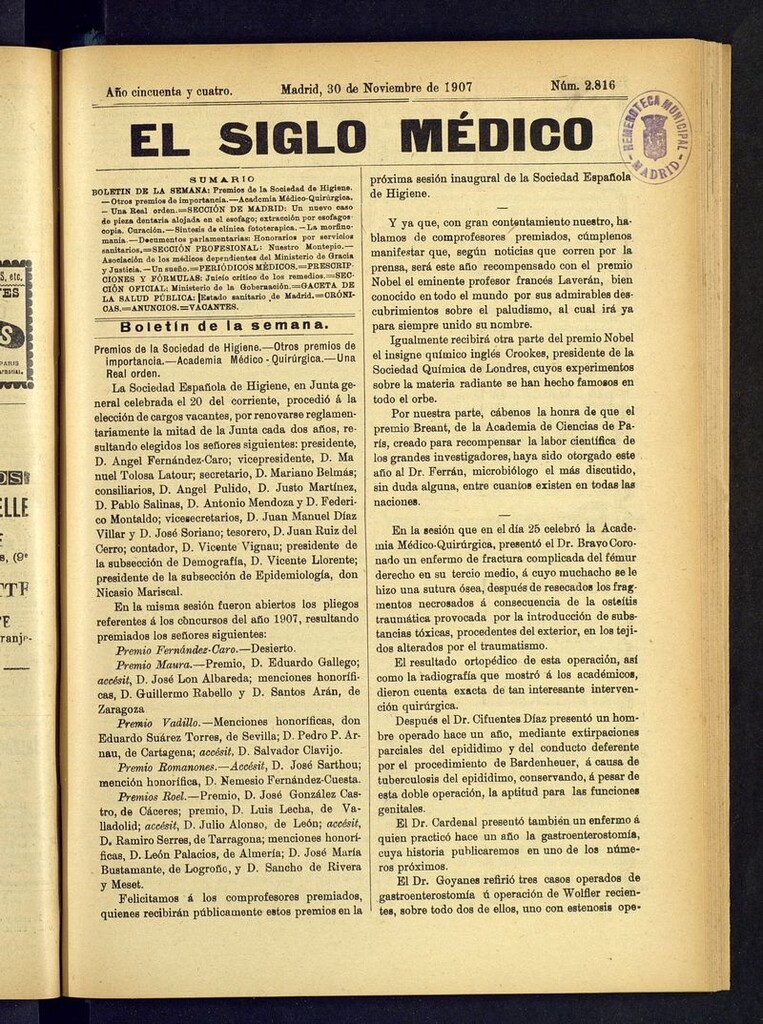 Miniatura de El Siglo Médico: boletín de medicina y gaceta médica del 30 de noviembre de 1907
