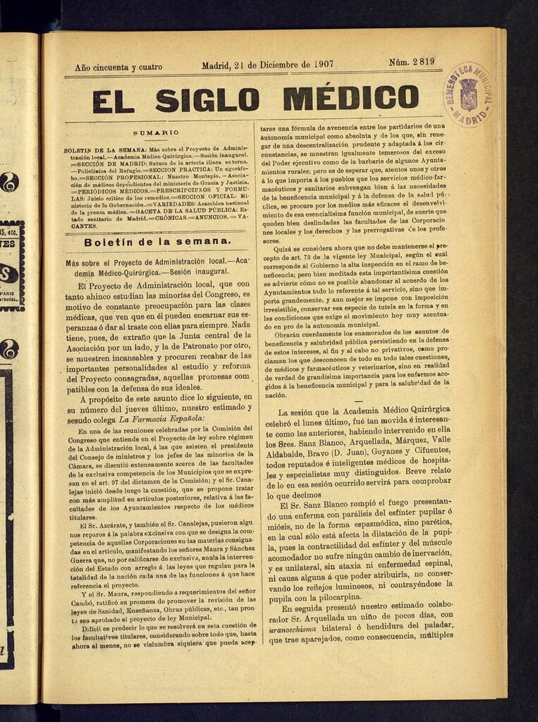 Miniatura de El Siglo Médico: boletín de medicina y gaceta médica del 21 de diciembre de 1907
