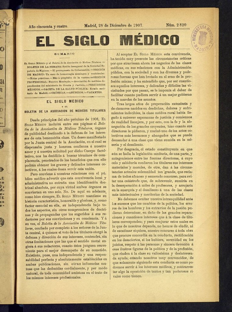 Miniatura de El Siglo Médico: boletín de medicina y gaceta médica del 28 de diciembre de 1907