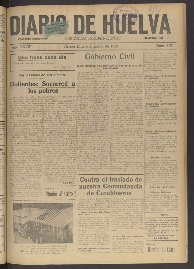 Miniatura de Diario de Huelva : periódico independiente del 1 de noviembre de 1935