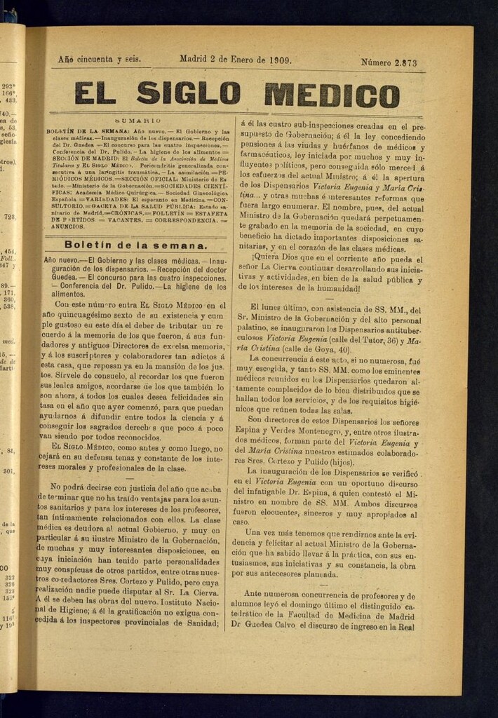 Miniatura de El Siglo Médico : boletín de medicina y gaceta médica del 2 de enero de 1909