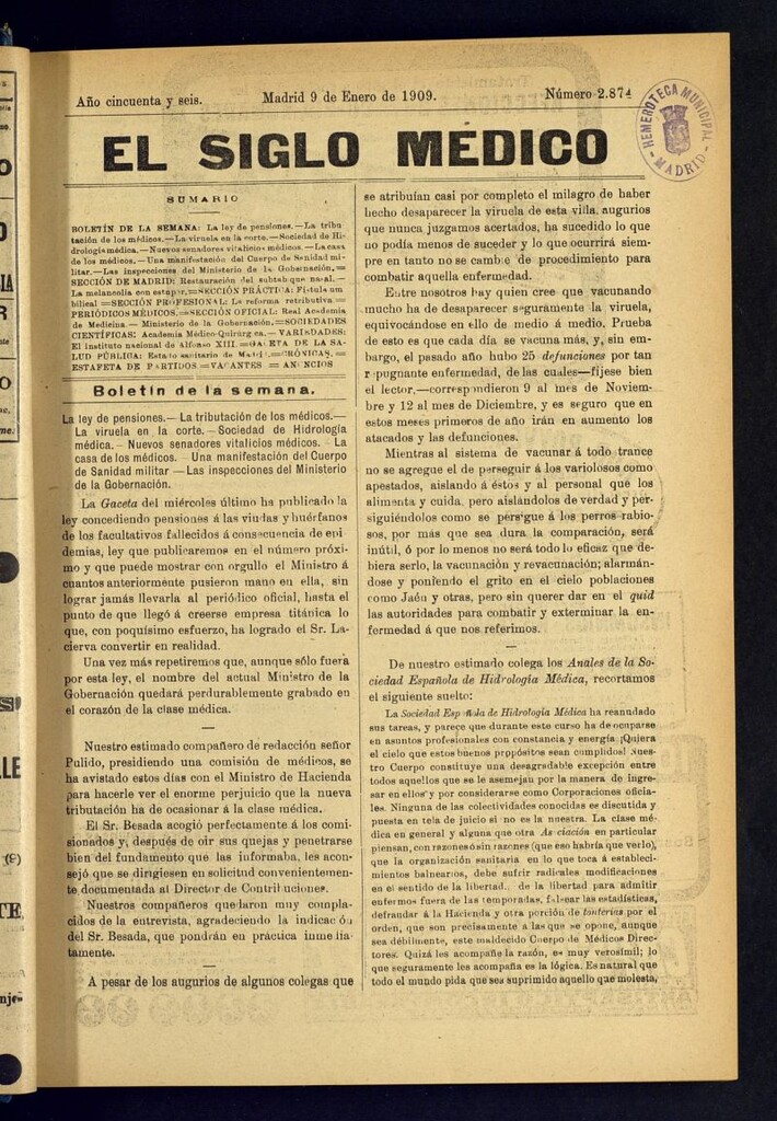 Miniatura de El Siglo Médico : boletín de medicina y gaceta médica del 9 de enero de 1909