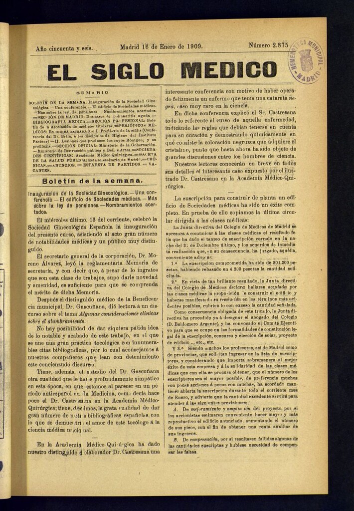 Miniatura de El Siglo Médico : boletín de medicina y gaceta médica del 16 de enero de 1909