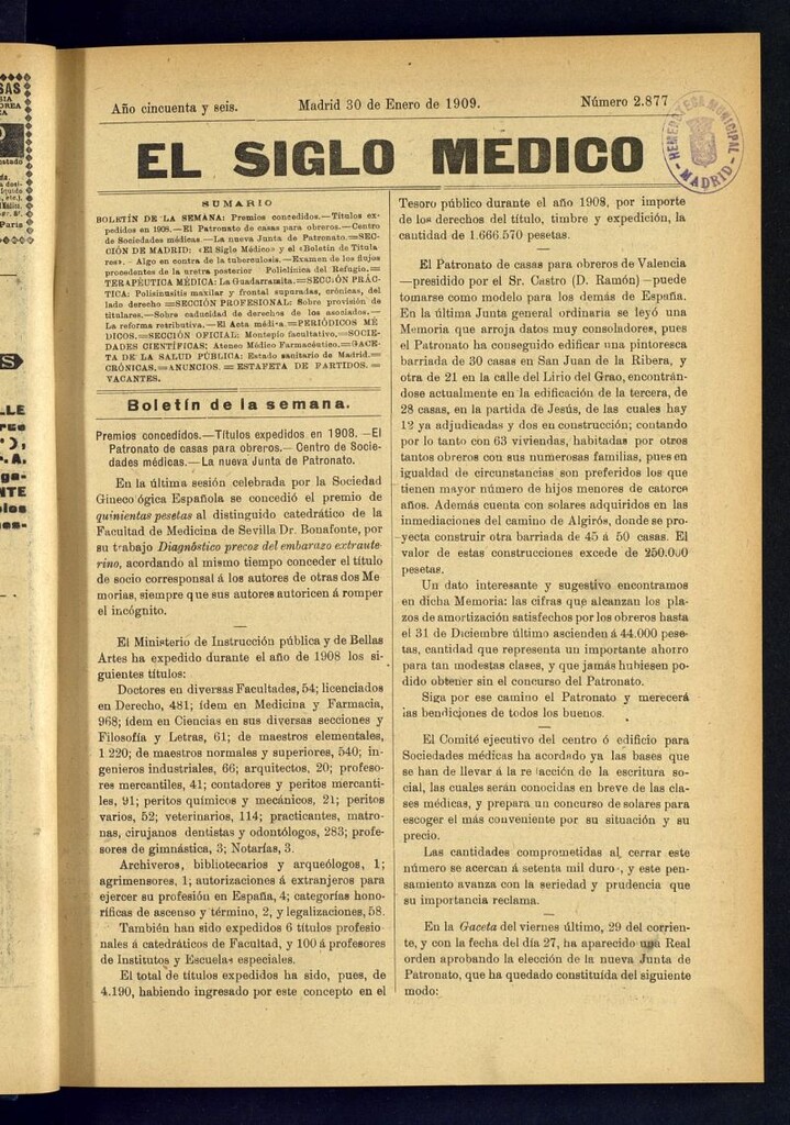 Miniatura de El Siglo Médico : boletín de medicina y gaceta médica del 30 de enero de 1909