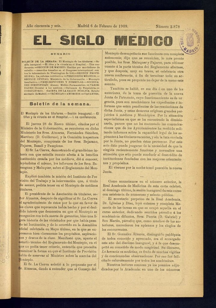 Miniatura de El Siglo Médico : boletín de medicina y gaceta médica del 6 de febrero de 1909