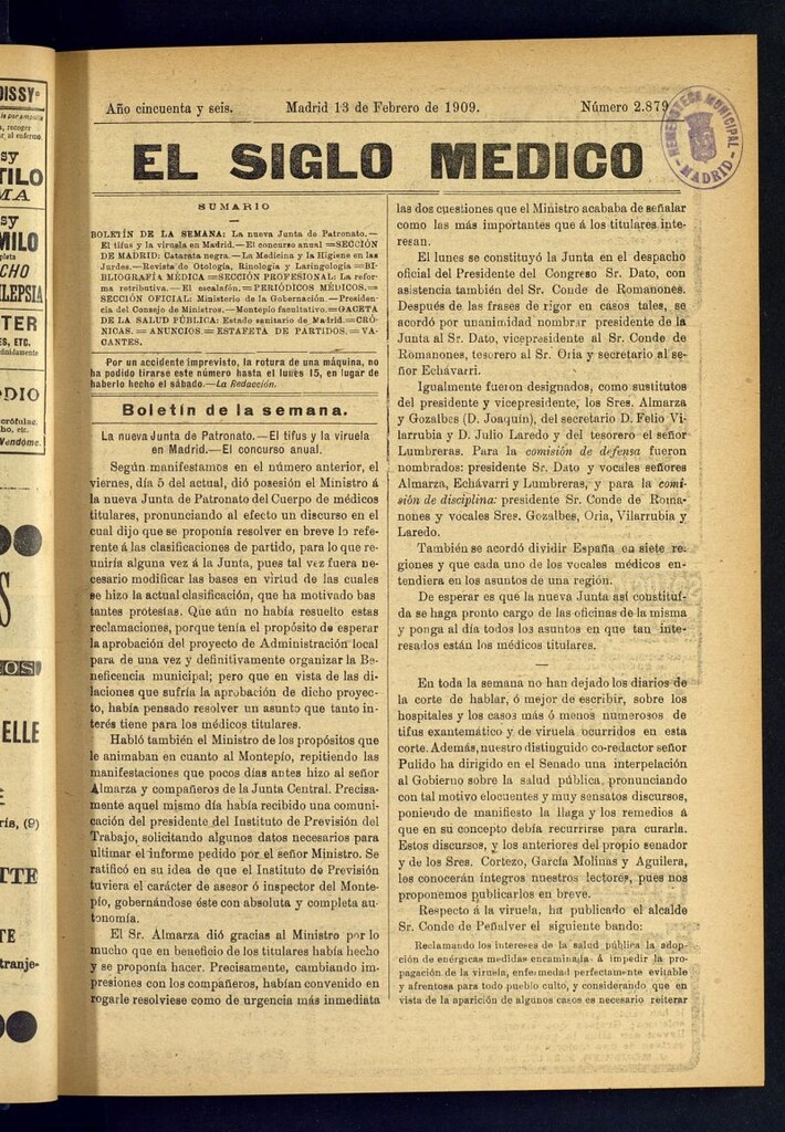 Miniatura de El Siglo Médico : boletín de medicina y gaceta médica del 13 de febrero de 1909