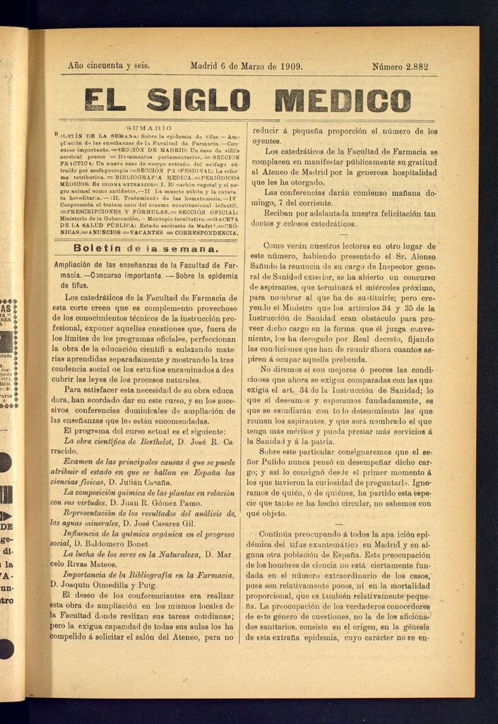 Miniatura de El Siglo Médico : boletín de medicina y gaceta médica del 6 de marzo de 1909