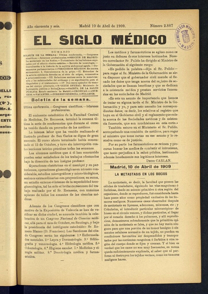 Miniatura de El Siglo Médico : boletín de medicina y gaceta médica del 10 de abril de 1909