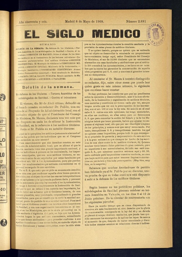 Miniatura de El Siglo Médico : boletín de medicina y gaceta médica del 8 de mayo de 1909