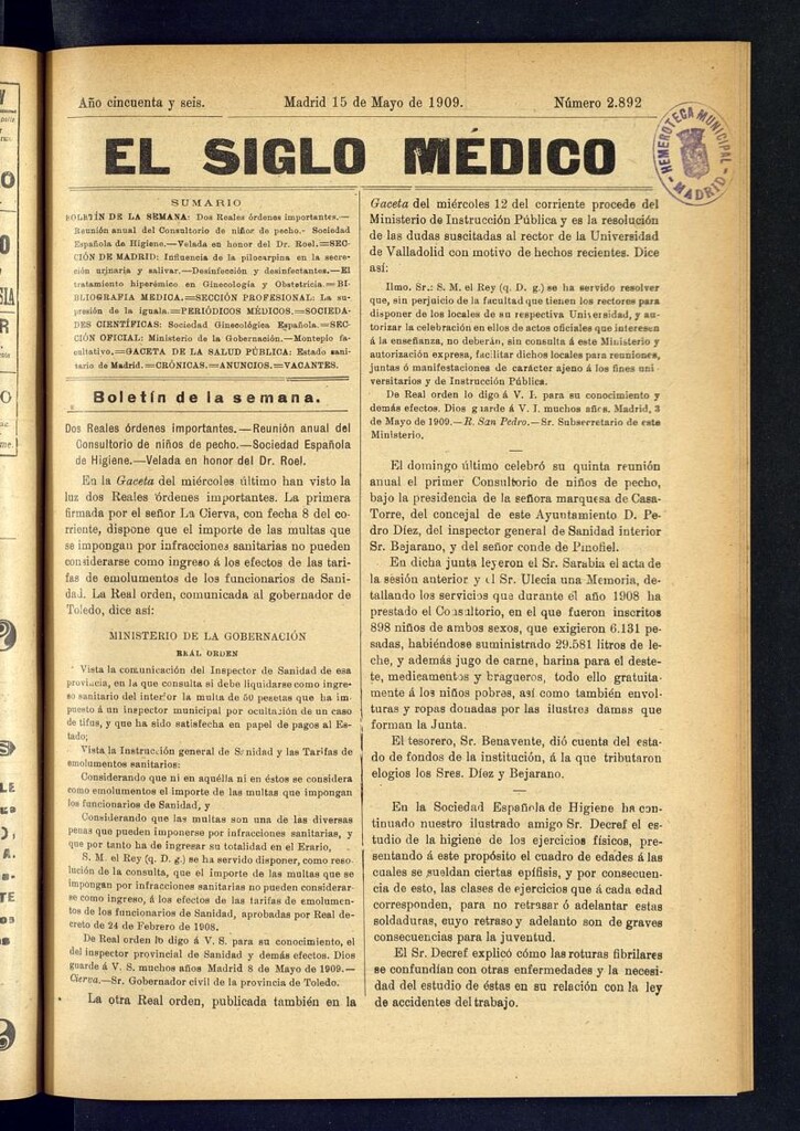 Miniatura de El Siglo Médico : boletín de medicina y gaceta médica del 15 de mayo de 1909