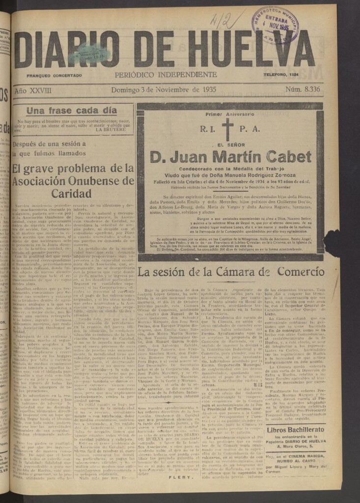 Miniatura de Diario de Huelva : periódico independiente del 3 de noviembre de 1935