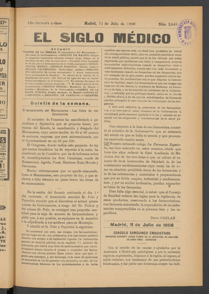 Miniatura de El Siglo Médico : boletín de medicina y gaceta médica del 11 de julio de 1908