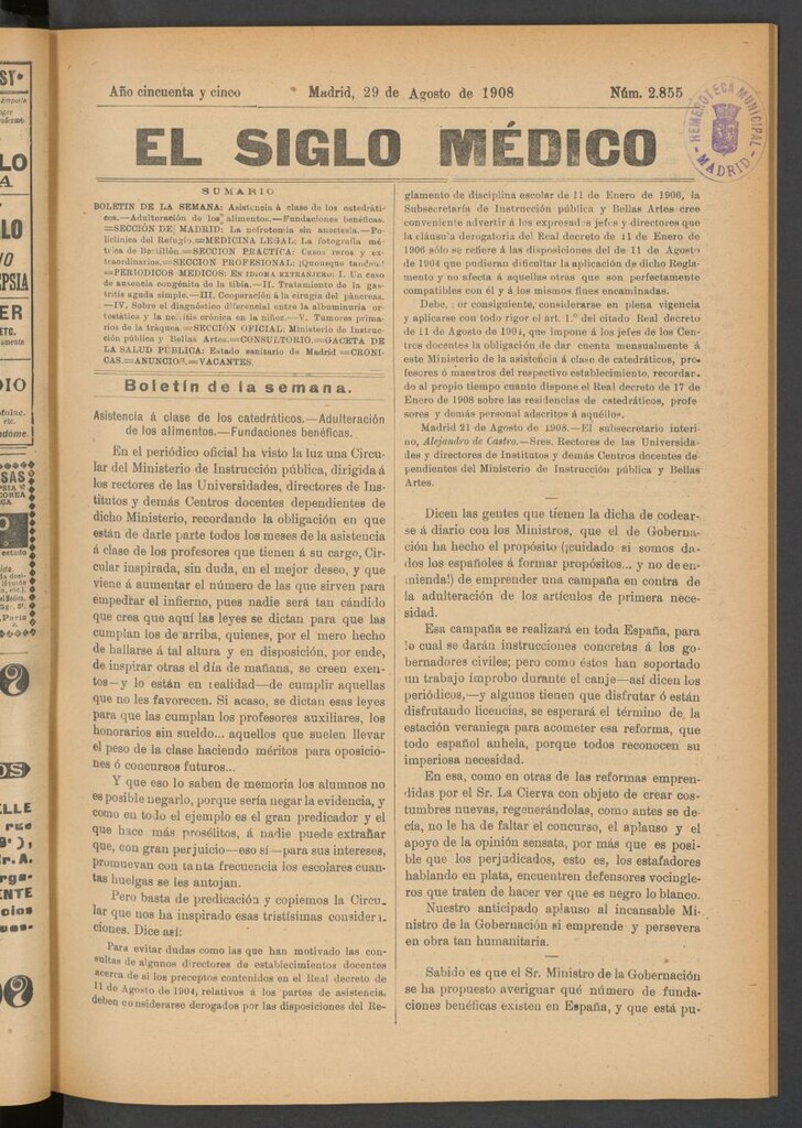 Miniatura de El Siglo Médico : boletín de medicina y gaceta médica del 29 de agosto de 1908