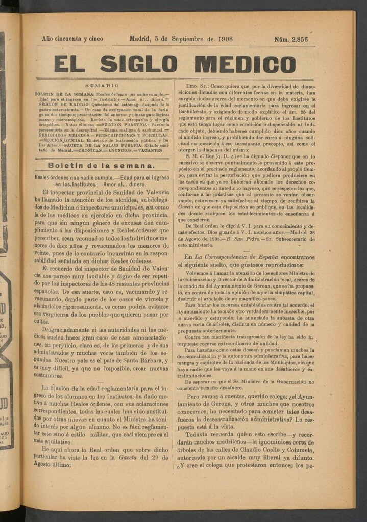 Miniatura de El Siglo Médico : boletín de medicina y gaceta médica del 5 de septiembre de 1908