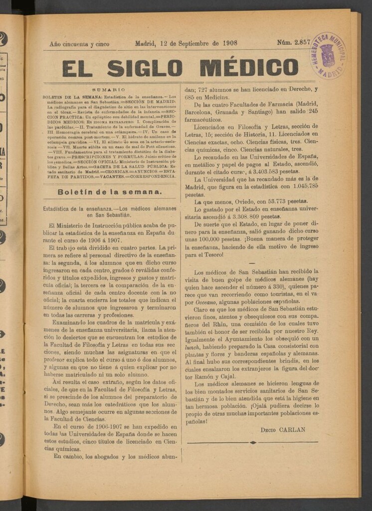Miniatura de El Siglo Médico : boletín de medicina y gaceta médica del 12 de septiembre de 1908