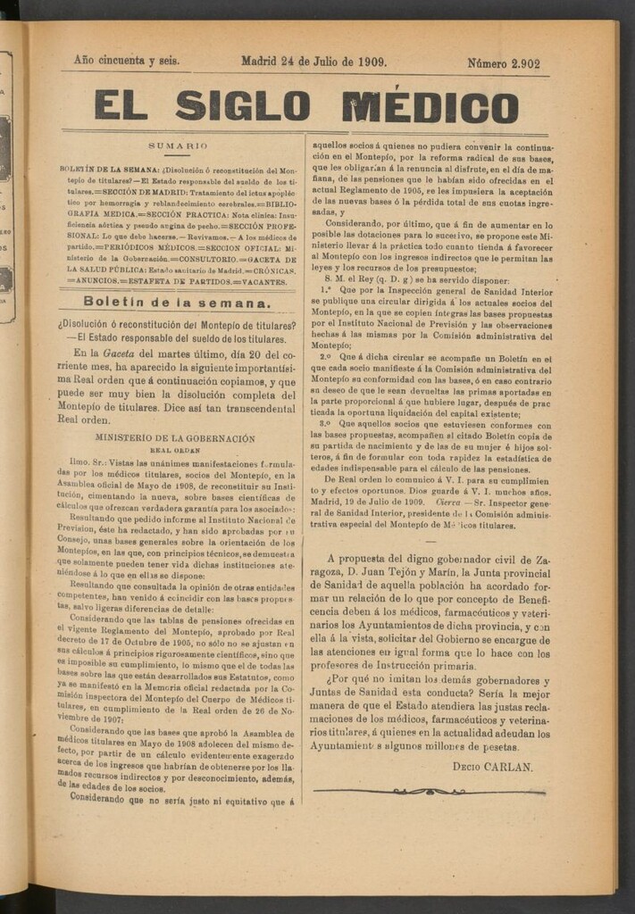 Miniatura de El Siglo Médico : boletín de medicina y gaceta médica del 24 de julio de 1909
