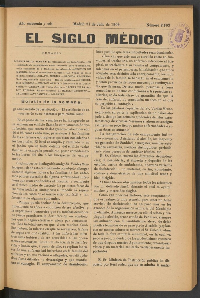 Miniatura de El Siglo Médico : boletín de medicina y gaceta médica del 31 de julio de 1909