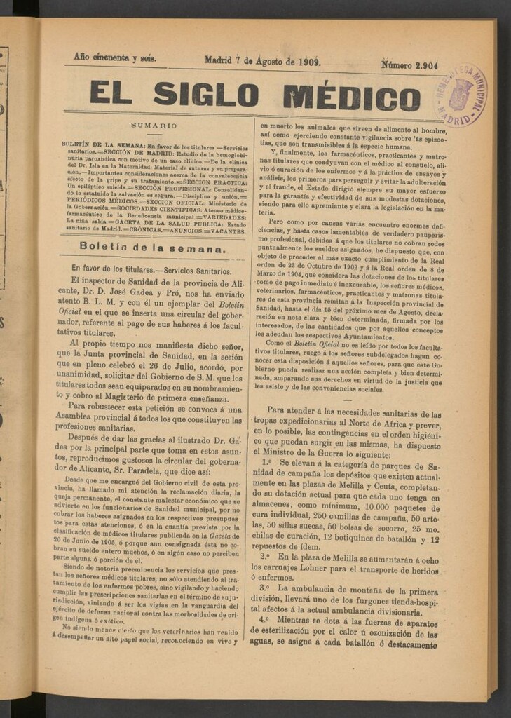 Miniatura de El Siglo Médico : boletín de medicina y gaceta médica del 7 de agosto de 1909