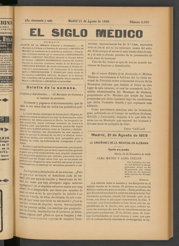 Miniatura de El Siglo Médico : boletín de medicina y gaceta médica del 21 de agosto de 1909