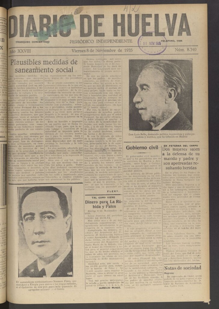 Miniatura de Diario de Huelva : periódico independiente del 8 de noviembre de 1935