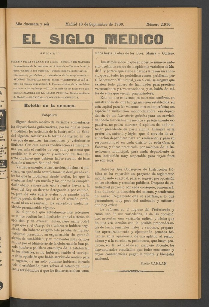 Miniatura de El Siglo Médico : boletín de medicina y gaceta médica del 18 de septiembre de 1909
