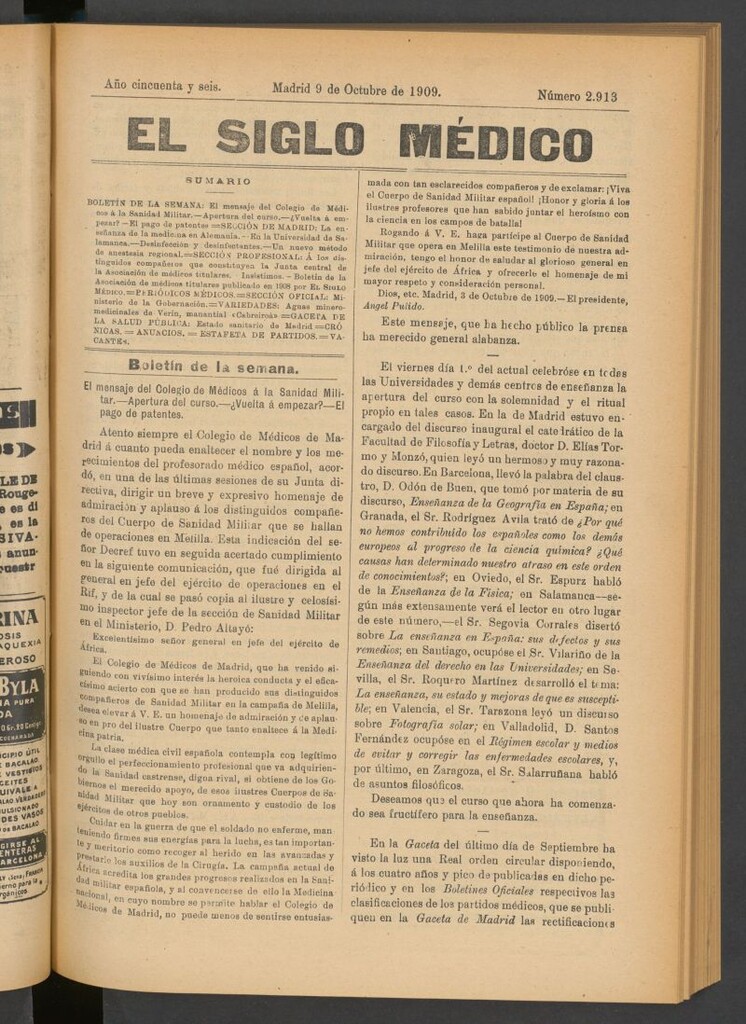 Miniatura de El Siglo Médico : boletín de medicina y gaceta médica del 9 de octubre de 1909