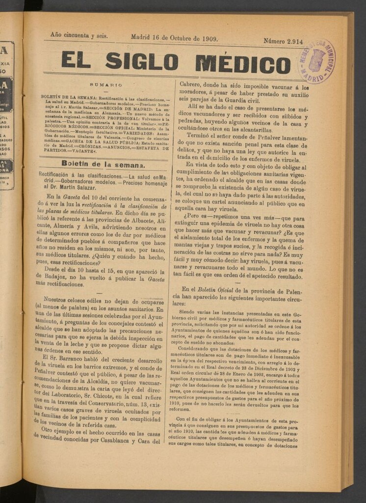 Miniatura de El Siglo Médico : boletín de medicina y gaceta médica del 16 de octubre de 1909