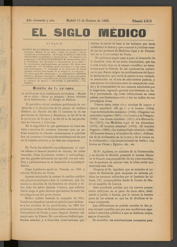 Miniatura de El Siglo Médico : boletín de medicina y gaceta médica del 23 de octubre de 1909