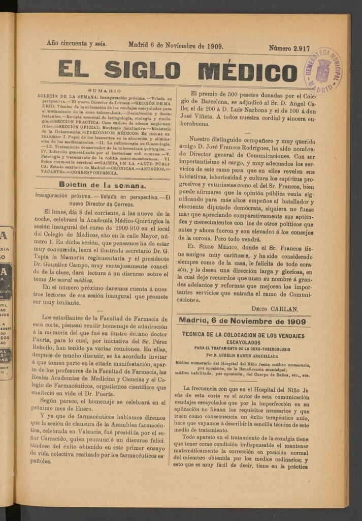 Miniatura de El Siglo Médico : boletín de medicina y gaceta médica del 6 de noviembre de 1909
