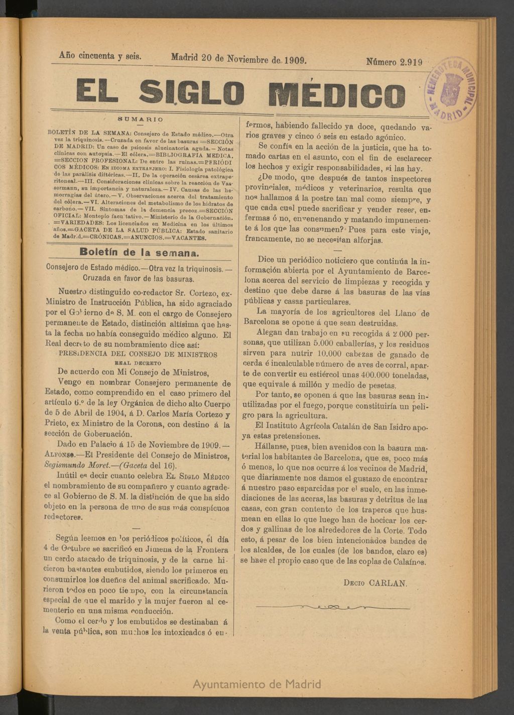Miniatura de El Siglo Médico : boletín de medicina y gaceta médica del 20 de noviembre de 1909
