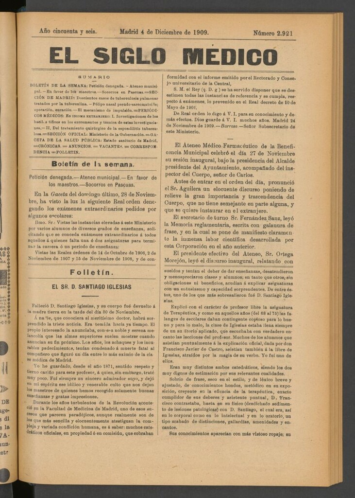 Miniatura de El Siglo Médico : boletín de medicina y gaceta médica del 4 de diciembre de 1909