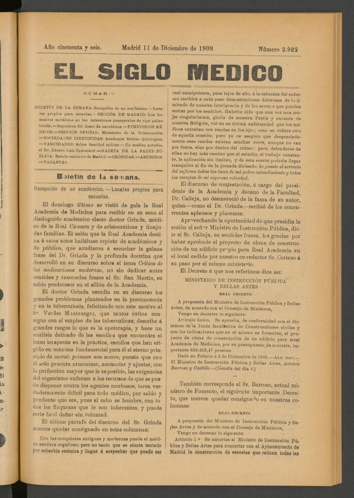Miniatura de El Siglo Médico : boletín de medicina y gaceta médica del 11 de diciembre de 1909