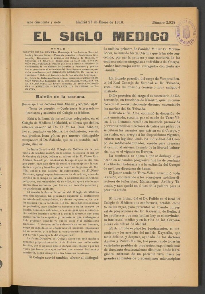 Miniatura de El Siglo Médico : boletín de medicina y gaceta médica del 22 de enero de 1910