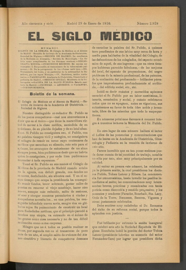 Miniatura de El Siglo Médico : boletín de medicina y gaceta médica del 29 de enero de 1910