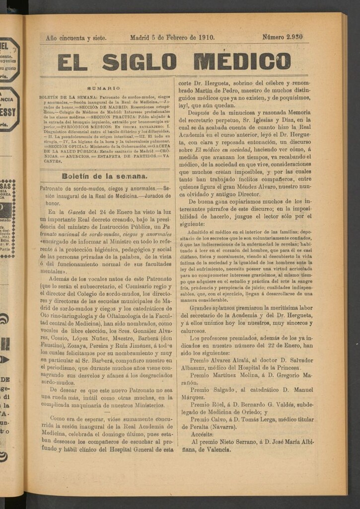 Miniatura de El Siglo Médico : boletín de medicina y gaceta médica del 5 de febrero de 1910