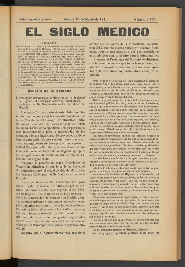 Miniatura de El Siglo Médico : boletín de medicina y gaceta médica del 12 de marzo de 1910