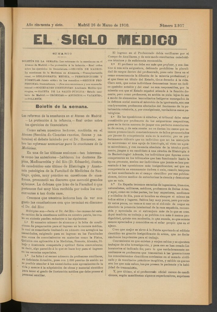 Miniatura de El Siglo Médico : boletín de medicina y gaceta médica del 26 de marzo de 1910