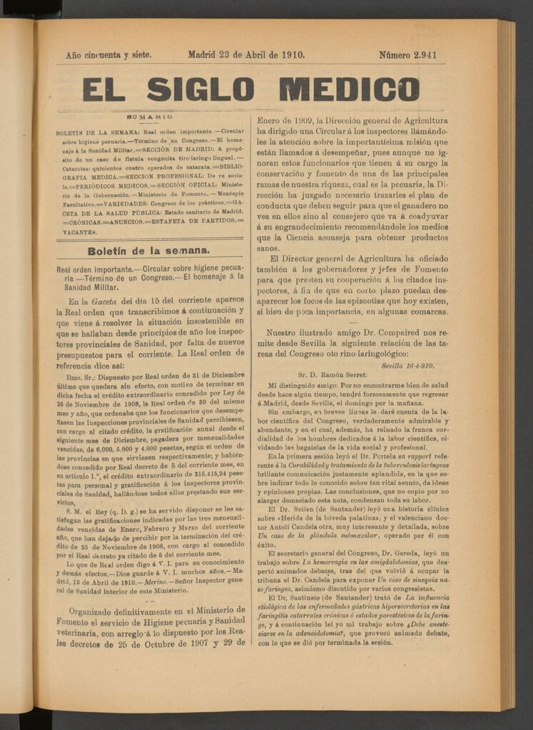 Miniatura de El Siglo Médico : boletín de medicina y gaceta médica del 23 de abril de 1910