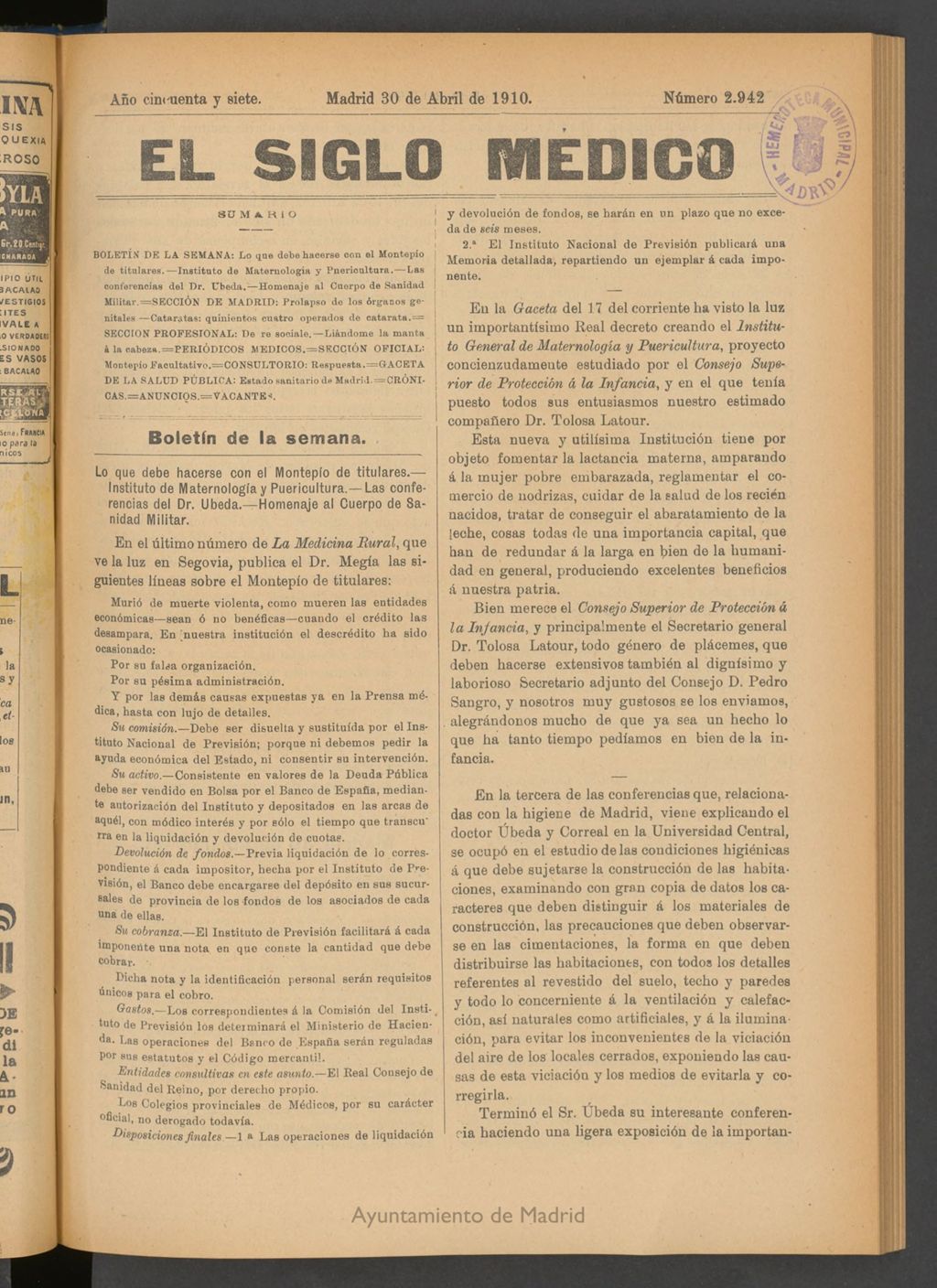 Miniatura de El Siglo Médico : boletín de medicina y gaceta médica del 30 de abril de 1910