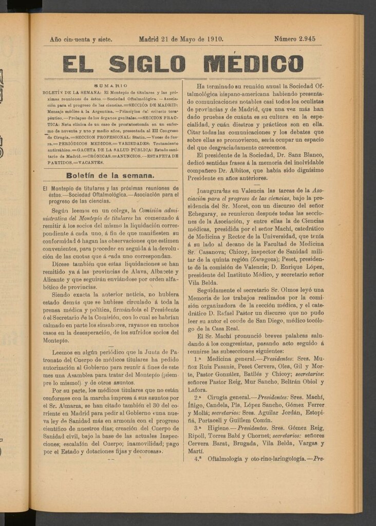 Miniatura de El Siglo Médico : boletín de medicina y gaceta médica del 21 de mayo de 1910