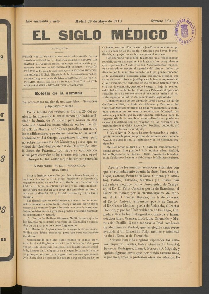 Miniatura de El Siglo Médico : boletín de medicina y gaceta médica del 28 de mayo de 1910
