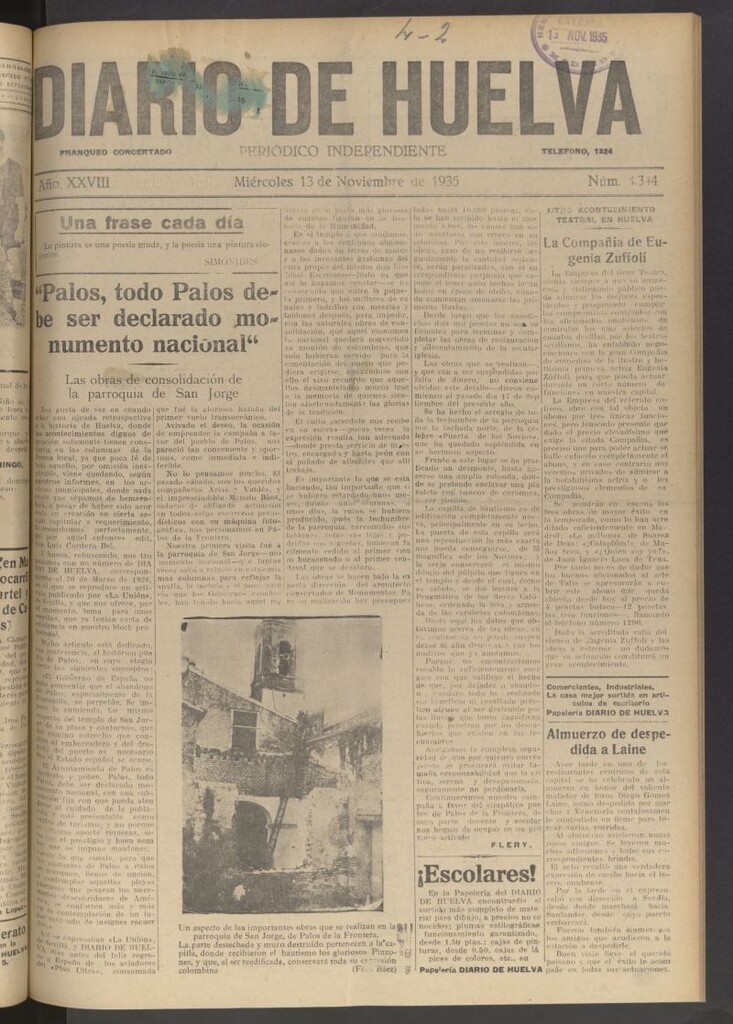 Miniatura de Diario de Huelva : periódico independiente del 13 de noviembre de 1935