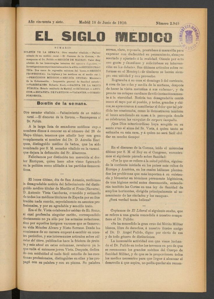 Miniatura de El Siglo Médico : boletín de medicina y gaceta médica del 18 de junio de 1910